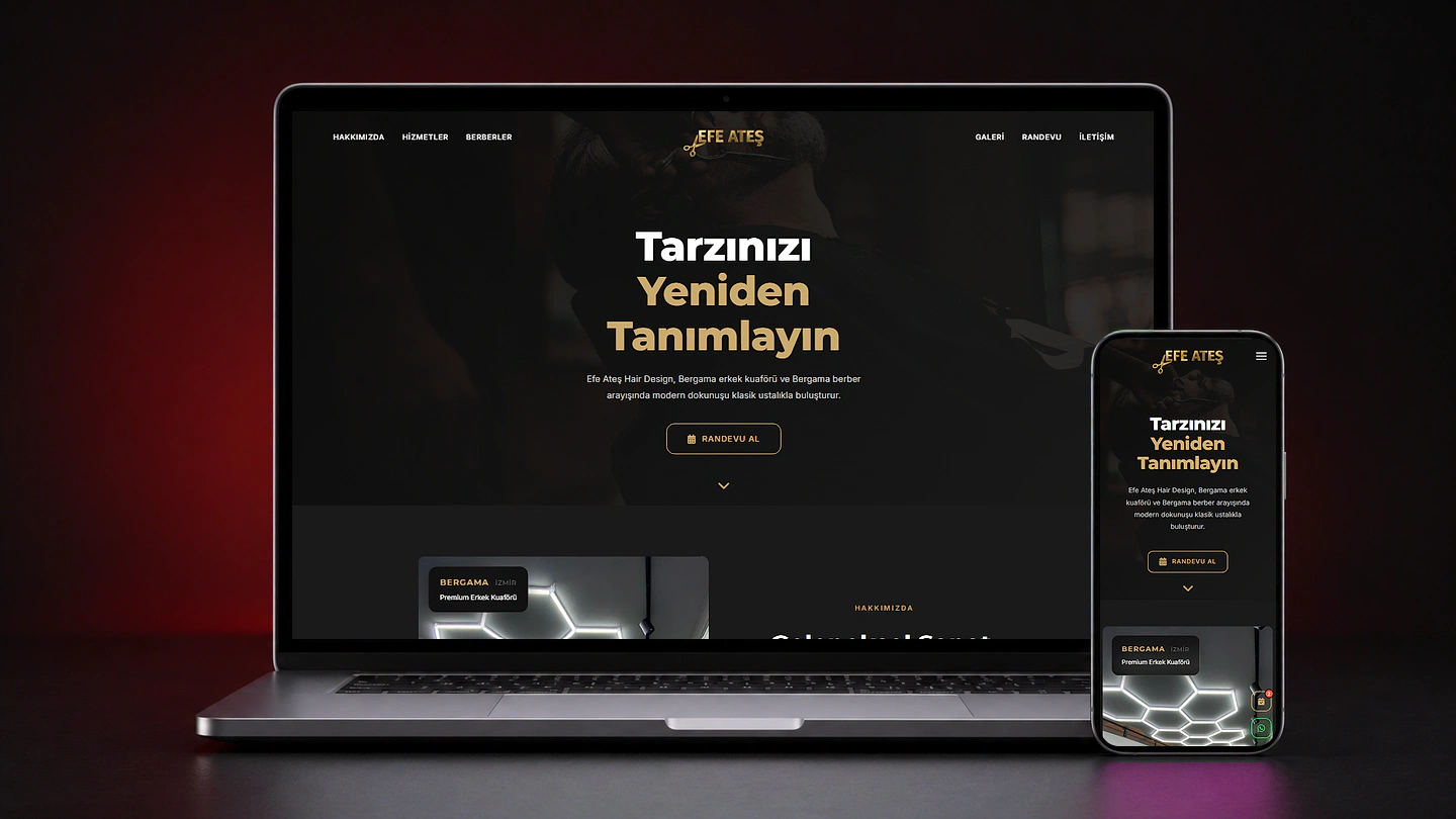 Efe Ateş Hair Design sitesinin bilgisayar ve telefon görünümü
